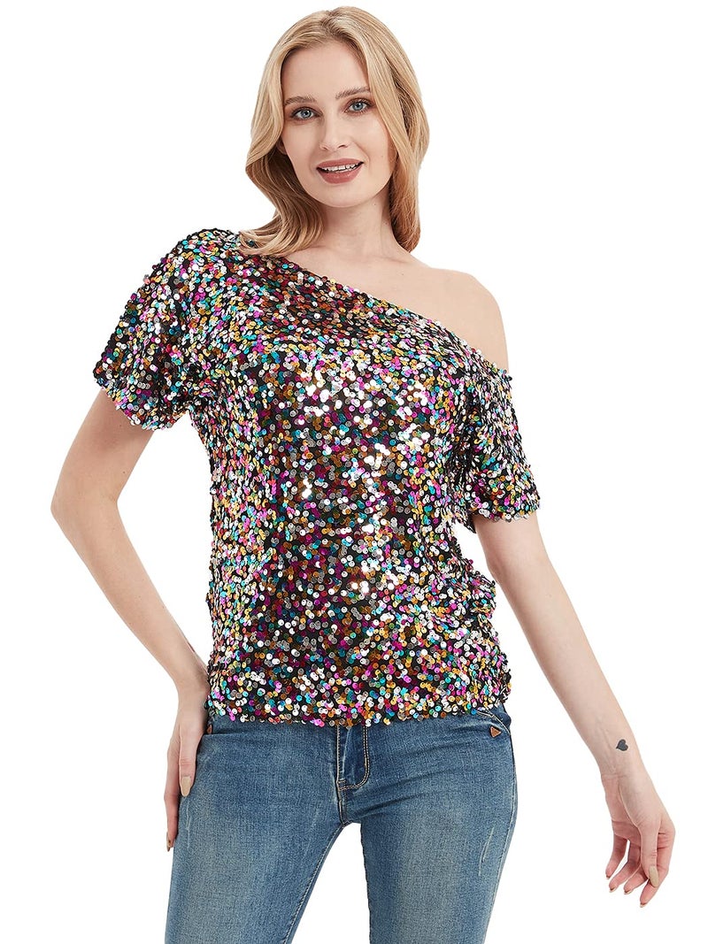 Anna-Kaci Womens Short Sleeve One Shoulder Sparkly Glitter Sequin Top Shirt Blouse, Multicolored, Medium - Image 1